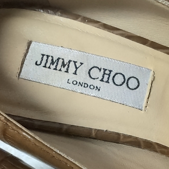 Jimmy Choo Croc-Embossed Tan Peep-Toe Heels - Picture 2 of 7